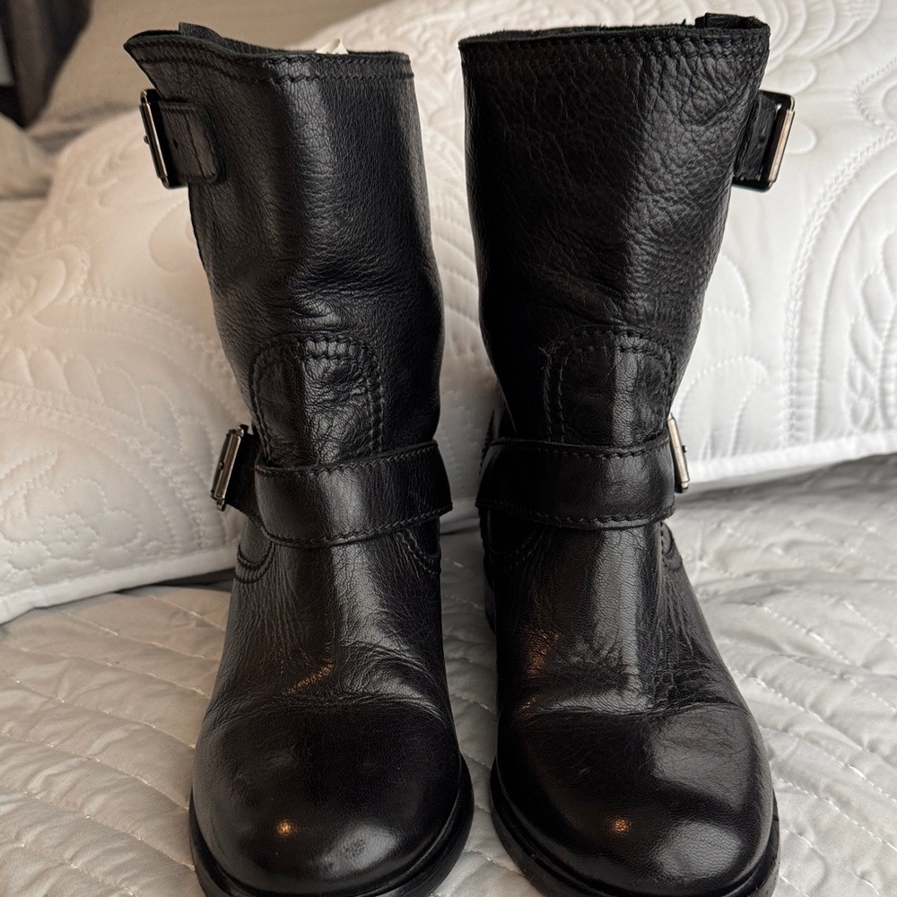 Prada Black Moto Boots with Buckle Accents